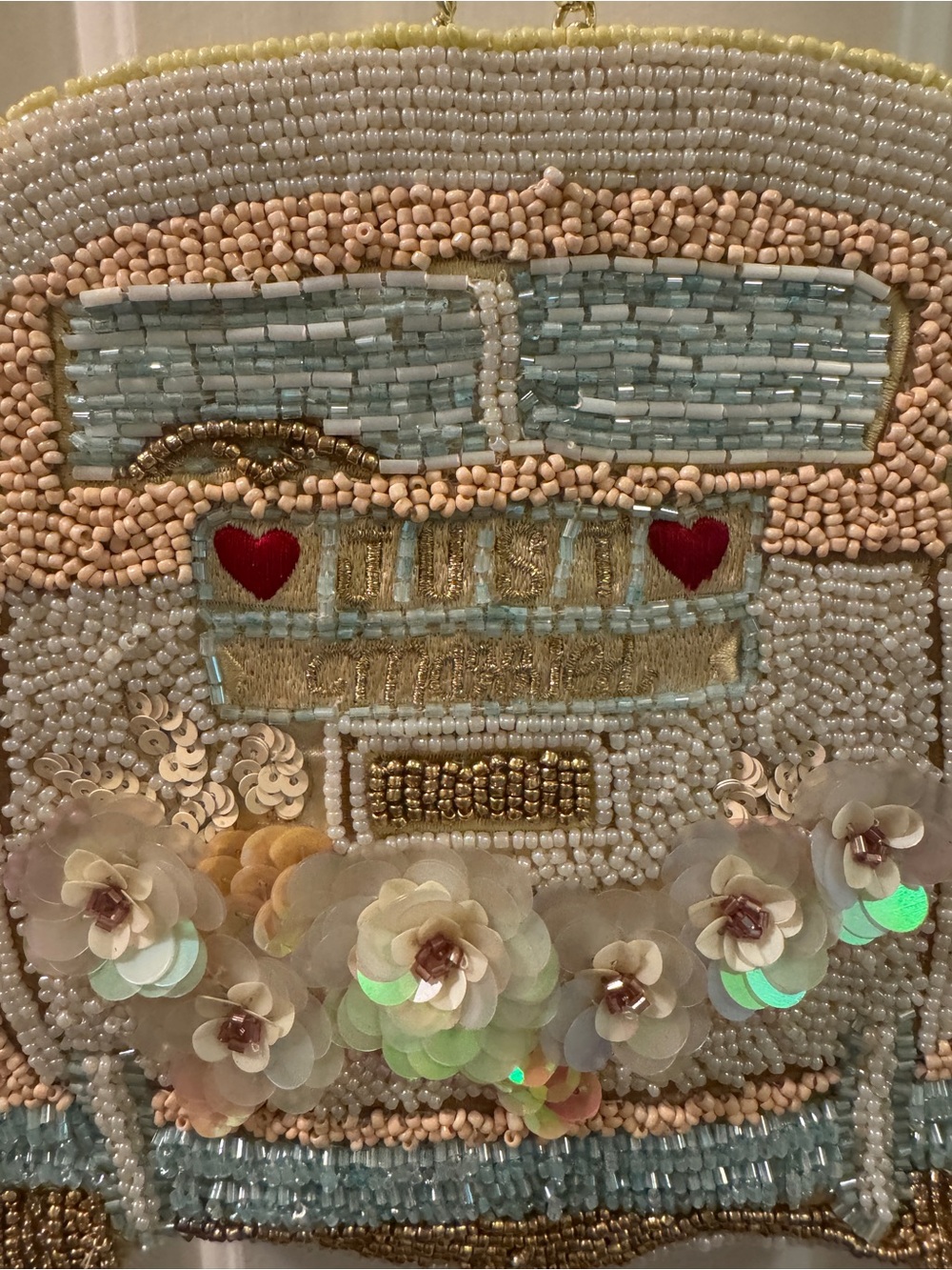 Just Married T.J.Maxx Beaded Floral Car Crossbody Bag in Pastel Blue, Pink, Gold - Picture 2 of 3